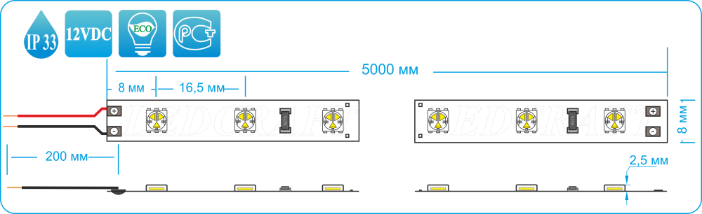 Светодиодная лента LC-5050-12WW60 IP33 теплый белый схема